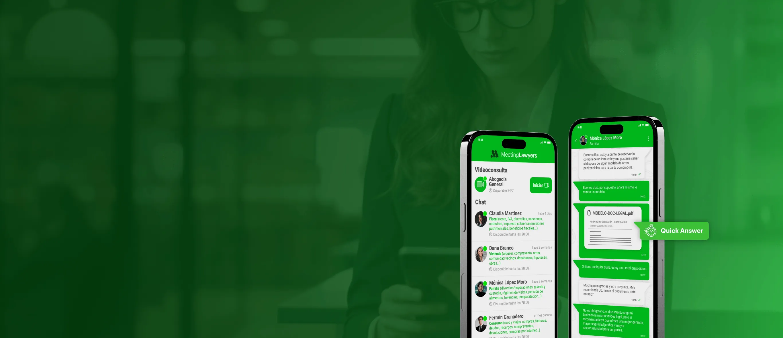 Aplicación de MeetingLawyers mostrando un chat legal y un mensaje de audio